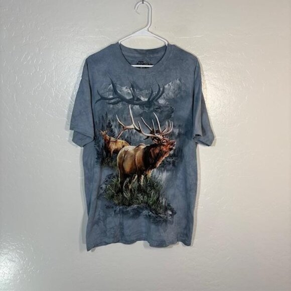 The Mountain Shirt Mens Large Blue Gray Tie Dye Elk Deer Wildlife Graphic USA - Picture 1 of 7